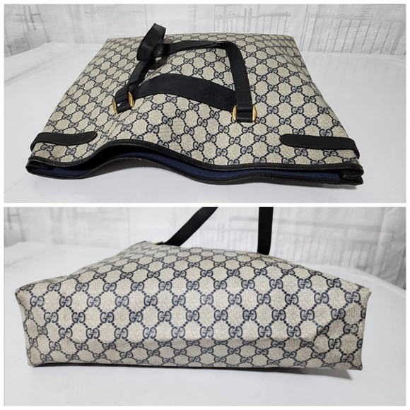 Authentic GUCCI Vintage GG Canvas Tote Bag PVC Leather Navy Blue/Grey - Picture 8 of 14